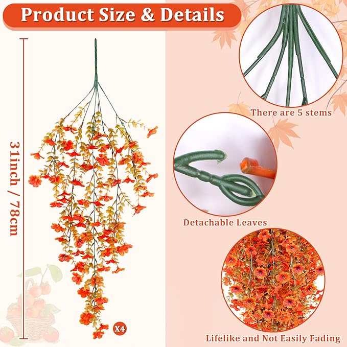 TURNMEON 4 Pcs Artificial Hanging Fall Flowers Fall Decorations, Fake Mums for Outdoors UV Resistant Hanging Plants Faux Silk Daisy Flowers for Autumn Decor Home Indoor Outside Gardens Porch (Orange)