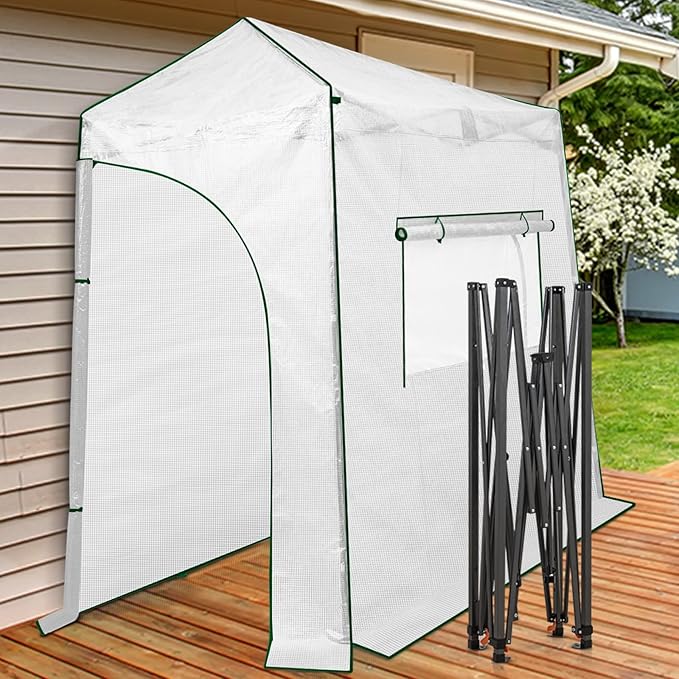 EAGLE PEAK 9x4 Portable Walk in Greenhouse, Pop Up Indoor Outdoor Greenhouse, Green House Kit with Zippered Roll-Up Doors and Windows, Lean-to Design, PE Cover, Clear/White