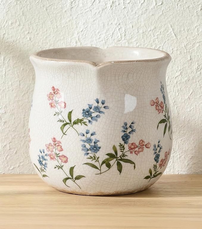 DREAMLOOM Vintage Ceramic Planter for Indoor Plants,6.1" Ice Crack Cottage Scroll Vase Tuscan Decor Flower Pots with Drainage Holes Home Kitchen Farmhouse Antique Decorative Gift (Red-Corrugated)