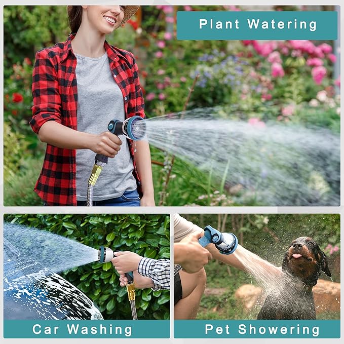 25FT Garden Hose, 304 Stainless Steel Water Hose, Flexible with a 10-Mode Nozzle Sprayer, No Kink, Lightweight, Puncture Proof, Ideal for Indoor & Outdoor Light Use, 5/8'' Outside Diameter