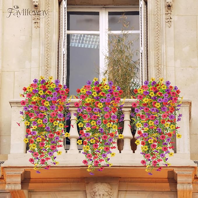 Artificial Hanging Flowers for Outdoors, 4PCS UV Resistant Artificial Outdoor Flowers, Silk Flowers for Outside Patio Porch Front Yard Window Garden Indoor Decor(Spring Color,4PCS)