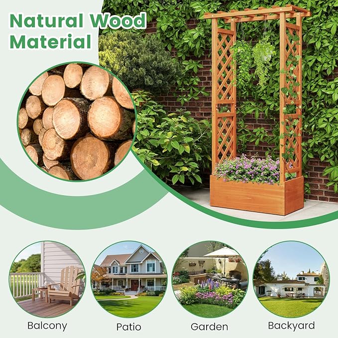 LDAILY Raised Garden Bed with Trellis, Above Ground Garden Bed with Hanging Roof, Side Trellis, & Drainage Holes, Planter Box for Outdoor Climbing Plants Vines Flowers (1, 31" L x 14" W x 60" H)