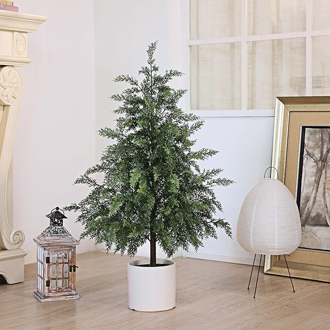 3FT Real Touch Cedar Topiary Trees for Front Porch Decor, Artificial Shrubs Faux Plants Potted UV Resistant Fake Greenery for Outdoor Indoor Door Garden Farmhouse Home Decoration (Set of 2)