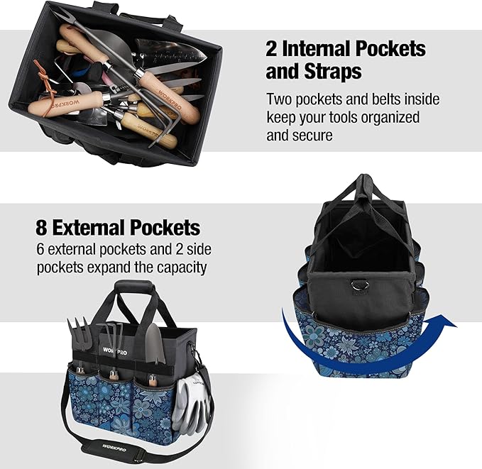 WORKPRO Garden Tool Bag Organizer, Heavy Duty Gardening Tote Bag, 10 Pockets Design with Long Adjustable Shoulder Strap, Standable Garden Home Tool Kits Organizer, Floral Blue (Tools are not Included)