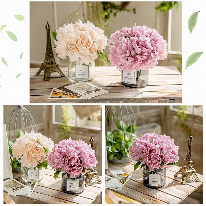 MOOMASS Artificial Peony and Glass vase, Ins Style Artificial Flower Glass Bottle Set, Suitable for Living Room, Dining Table, Office, Wedding, Hotel Banquet and Other Home Decoration. (Purple Pink)