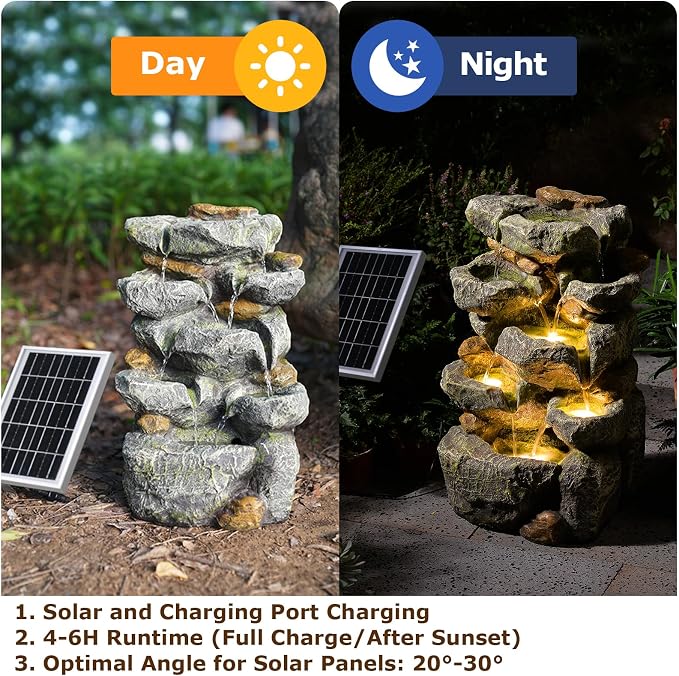 Solar Water Fountain Outdoor Garden,5 Tiered Cascading Rock Solar Powered Water Fountain Water Fall Fountains Outside with Lights for Backyard, Patio, Deck, Porch, 19.3" H x 12.2" L x 9.5" W