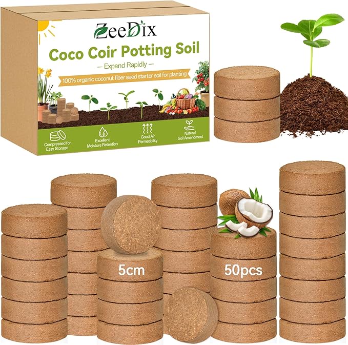 ZeeDix 50 Pack 50mm Organic Coco Coir Seed Starter Pellets, Compressed Coconut Fiber Seed Starter Soil Discs Potting Soil Mix for Indoor Outdoor Plants, Herbs Houseplants Bonsai Vegetables Flowers