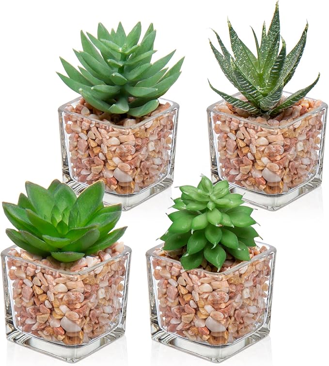 Briful Mini Fake Plants 4 Packs Succuletns Artificial Potted Plants in Cube Glass Vase Faux Succulents for Bathroom Living Room Kitchen Shelf Table Decor