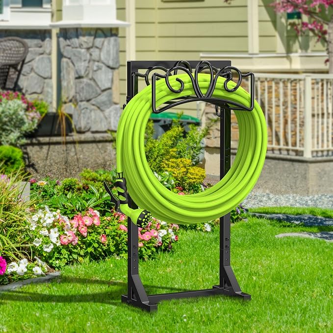 Garden Hose Holder Reel, Upgraded Metal Hose Reels Holds 150ft Hose, Heavy Duty Freestanding Water Hose Holders, Detachable Hose Storage Hanger for Outside - Flower Vine