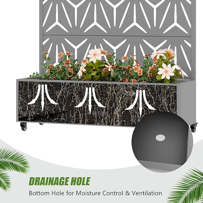 Casaphoria Metal Raised Garden Bed with Trellis and Wheels, 47"x47"x16" Planter Box for Climbing Plants, Vegetables & Vines, Features Drainage Holes and Privacy Screen, Grey-Star