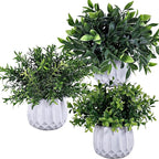 Winlyn 3 Pcs Faux Potted Plants Set - Artificial Eucalyptus, Rosemary, Boxwood Greenery in Small White Geometric Planters for Indoor Outdoor Desk Table Centerpiece Shelf Windowsill Home Office Decor