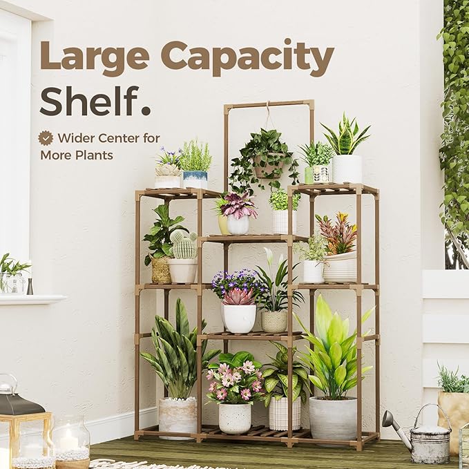 Bamworld Plant Shelf Indoor Outdoor Large Plant Shelf Tall Hanging Plant Holder Wood Flower Stand for Window Living Room Garden Balcony Home Decor Flower Patio 3 Tiers