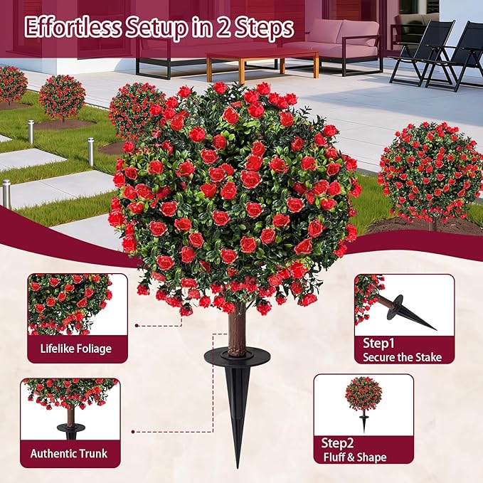 Artificial Boxwood Topiary Ball Trees with Red Rose, Set of 2 UV Resistant Fake Evergreen Shrubs Bushes Plants with Ground Spike, 18" Fake Plants for Outdoor Indoor Front Porch Garden