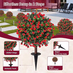 Artificial Boxwood Topiary Ball Trees with Red Rose, Set of 2 UV Resistant Fake Evergreen Shrubs Bushes Plants with Ground Spike, 18" Fake Plants for Outdoor Indoor Front Porch Garden