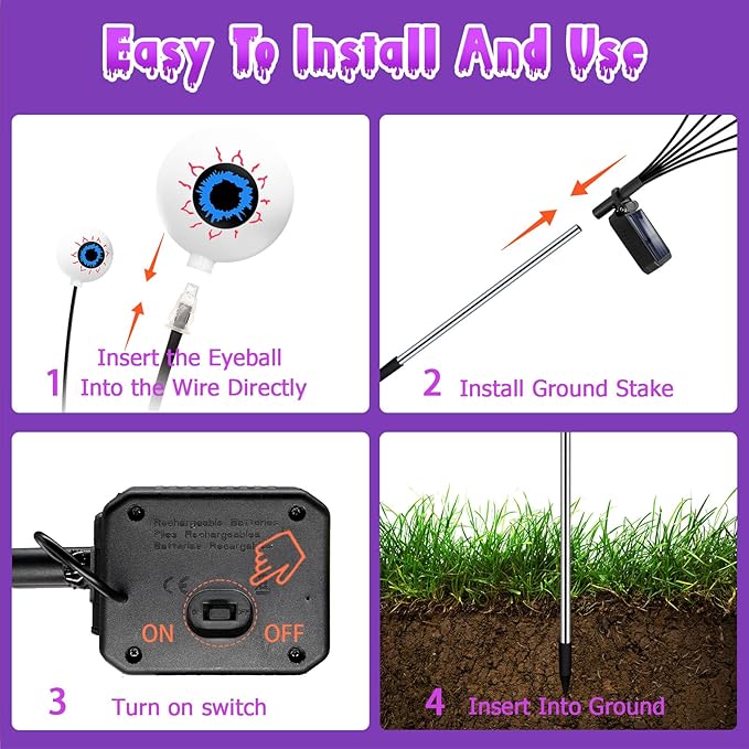 Halloween Decorations Outdoor, 4 Pack 24 LED Solar Purple Scary Eyeball Swaying Lights, Purple Solar Firefly Light Waterproof Outdoor Garden Lights for Halloween Yard Garden Lawn Party Flower Bed
