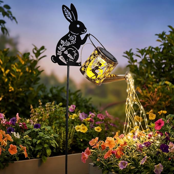 LOVERUIS Garden Statues Bunny with Solar Watering Can Lights, Cute Outdoor Bunny Figurines Garden Decor for Patio Yard Lawn Ornaments, Unique Gift for Women Mom