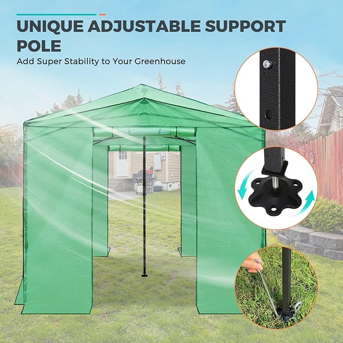 EAGLE PEAK 12x8 Portable Walk in Greenhouse, Pop Up Indoor Outdoor Greenhouse, Green House Kit with Zippered Roll-Up Doors, Windows + Support Pole, PE Cover, Clear/Green