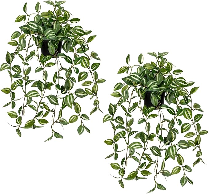 2 Pack Fake Hanging Plants for Shelf in Back Pot, Small Artificial Hanging Ivy Vine Plants Indoor Fake Potted Greenery Plant Decor Room Bathroom Wall End Table Mimi Faux Wandering Jew Plant Set