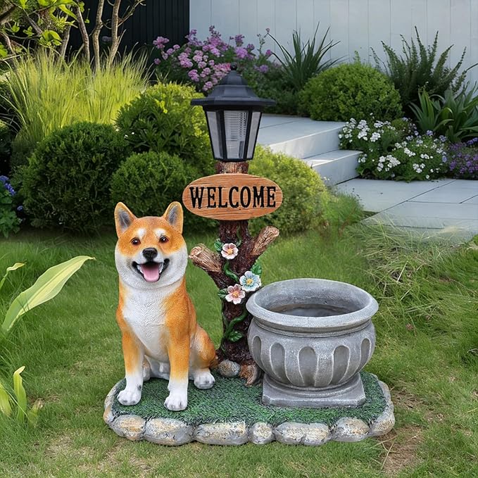 Animal Outdoor Statue Planter Solar Light Welcome Garden Sculpture Resin Flower Pot Decorative Porch Patio Yard Lawn Entryway Figurine with LED Lamp Rustic Plant Holder Ornament Courtyard (K)