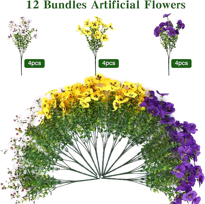 CEWOR 12 Bundles Artificial Flowers for Outdoor Indoor, Fake Silk Pansy with Eucalyptus Leaves, Faux Flower for Garden Front Door Porch Planter Patio Home Decor (Yellow White Purple)