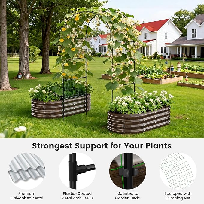 3 in 1 Galvanized Raised Garden Bed with 87" H Arch Trellis for Climbing Plants, Outdoor Gardening Planter Box with Climbing Net for Flower Vegetables Fruits Herbs, Wood Grain