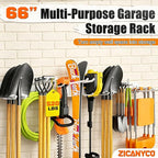 Garage Tool Organizer Wall Mount 66 inches with 13 Adjustable Heavy-Duty Hooks, Garage Organization, Garden Tool Storage Rack for Garage,Yard,Shed, Holds Up to 520 lbs,White