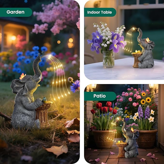 Solar Elephant Statue Garden Decor Outdoor, Garden Decoration with Led Lights, Mother' s Day Gifts for Mom, Birthday Gifts for Women, Garden Statue for Housewarming, Lawn, Yard, Patio