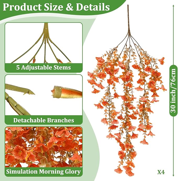 TURNMEON 4 Pcs Artificial Hanging Flowers for Outdoors Decorations Faux Flowers Plants for Outdoors, Silk Morning Glory with Eucalyptus Look Real UV Resistant for Home Yard Porch Outdoor(Orange)