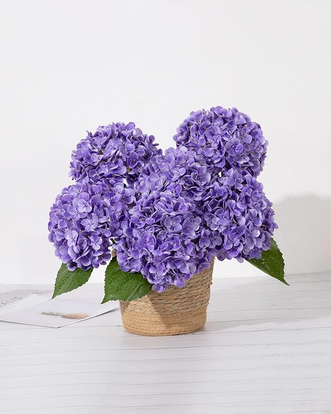DuHouse 3Pcs Hydrangea Artificial Flowers,Latex Real Touch Hydrangeas with Long Stems & Leaves for Home Decor Party Floral Arrangements Wedding Bouquets Centerpieces(Purple)