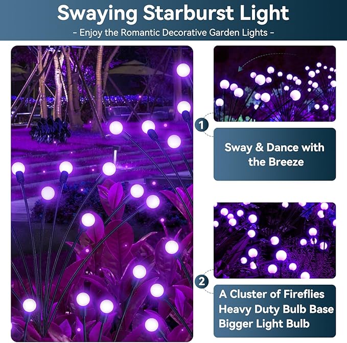 Solar Garden Lights Outdoor Waterproof, 2 Pack 16 LED Swaying Firefly Lights Outdoor Decor Light for Pathway Party Christmas Decoration, Unique Gifts for Women, Purple