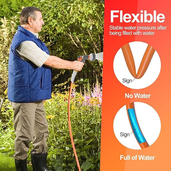 SPECILITE Garden Water Hose 15 ft x 5/8 in, Heavy Duty Leader Pipe Extension, Flexible, Lightweight Kink-less,Hybrid Rubber, with 3/4" Brass Fittings, Orange