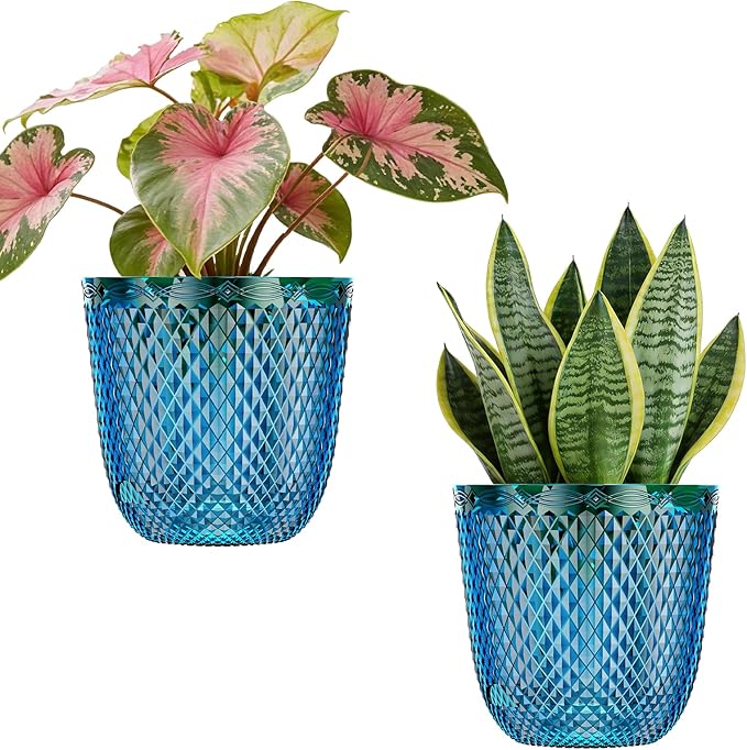 QCQHDU 2-Pack Self Watering Pots, 7.2 Inch Plant Pots with Drainage Holes and Water Filling Port, Garden Planter for Indoor Plants (Klein Blue)
