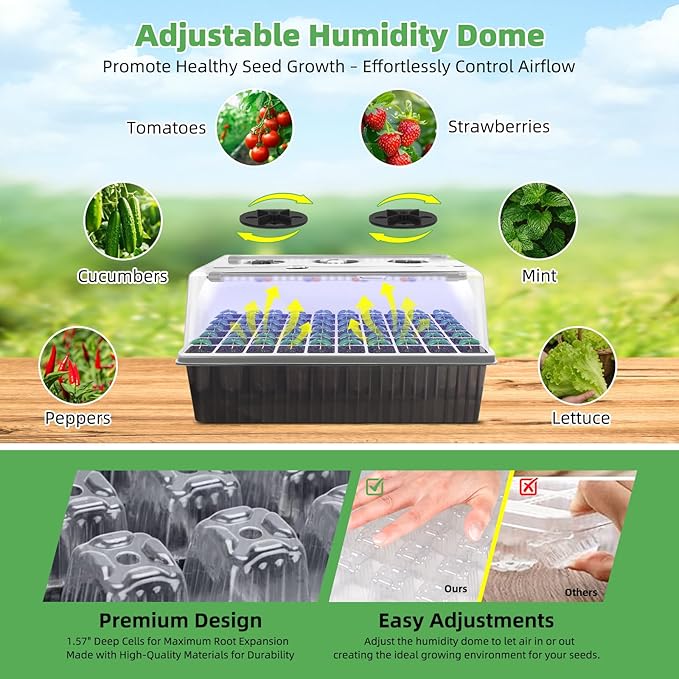 Seed Starting Tray - 60-Cell Self-Watering Tray, Seed Starter Kit LED Grow Light, Timer, Humidity Dome, pH Meter for Plant Germination, Vegetables, Herbs, Flowers