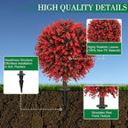 AOKIIE Set of 2 Artificial Red Boxwood Topiary Ball Tree for Outdoor with Ground Spike, 22" UV Resistant Faux Greenery Shrubs, Fake Plants for Garden Yard Porch Patio(Red)