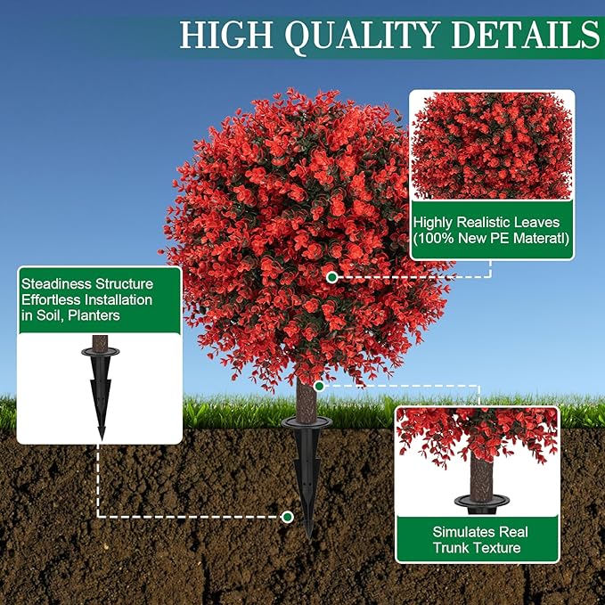 AOKIIE Set of 2 Artificial Red Boxwood Topiary Ball Tree for Outdoor with Ground Spike, 22" UV Resistant Faux Greenery Shrubs, Fake Plants for Garden Yard Porch Patio(Red)