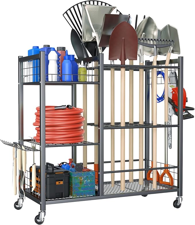 TORACK Garden Tool Stand with Wheels, Rakes Shovels Holder Yard Tools Organizer for Garage, Garden, Shed Indoor/Outdoor Long-Handled Tools Cart(Tool stand with side shelves)