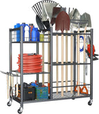 TORACK Garden Tool Stand with Wheels, Rakes Shovels Holder Yard Tools Organizer for Garage, Garden, Shed Indoor/Outdoor Long-Handled Tools Cart(Tool stand with side shelves)