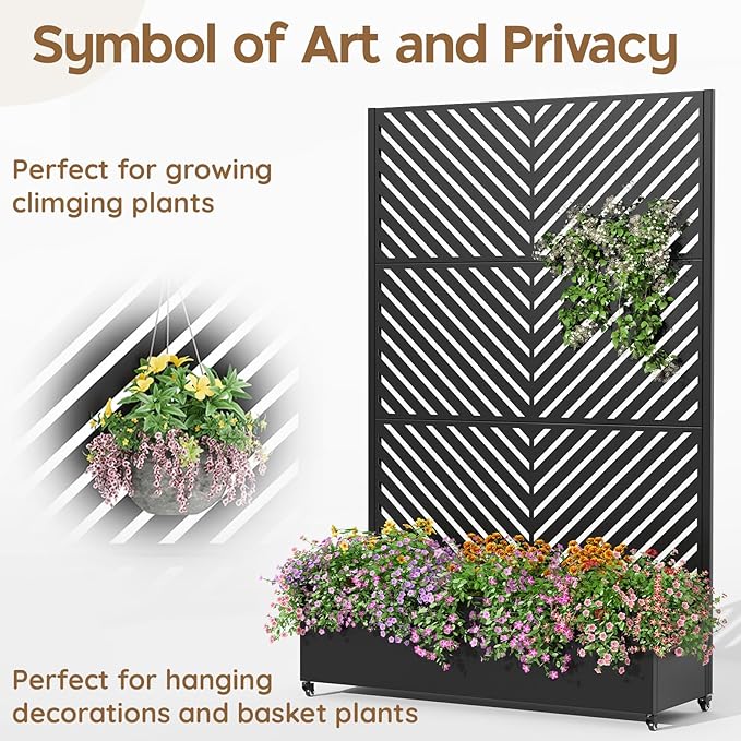 Galvanized Metal Planter Box with Trellis,Metal Raised Garden Bed Trellis 72"x47"x15.7"Inches Outdoor Planter with Wheels and Drainage Holes,for Patio Climbing Vegetables,Flowers,Vines,Black