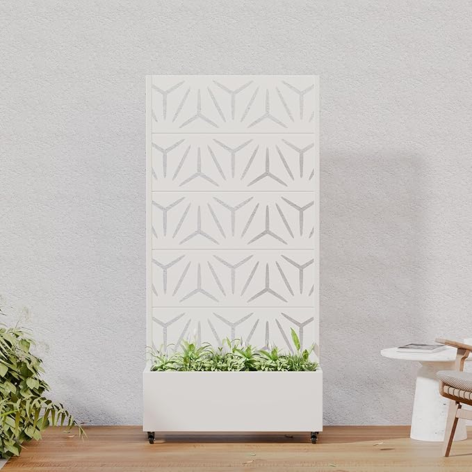 Casaphoria Metal Raised Garden Bed with Trellis and Wheels, 72"x35"x16" Planter Box for Climbing Plants, Vegetables & Vines, Features Drainage Holes and Privacy Screen, White-Star