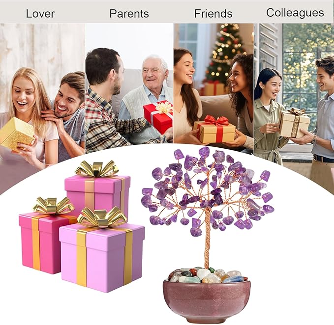 Amethyst Crystal Tree with Ceramic Base,Natural Gemstone Feng Shui Money Tree for Wealth,Good Luck & Positive Energy,Handmade 5 Inch Healing Abundance Bonsai for Home Office Decor