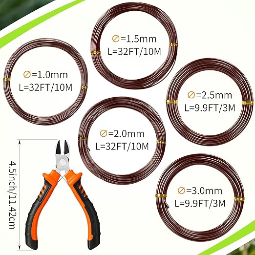 Mudder 5 Roll Aluminum Bonsai Training Wire Tree 160 Feet Total with Bonsai Wire Cutter Anodized Training for Holding Branches Small Trunks(1/1.5/2/2.5/3mm,Brown)