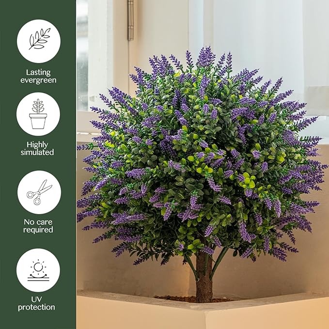 Lavender Boxwood Ball Tree, UV Resistant, Simulated Green Bush, Artificial Lavender Tree Outdoor Set of 2 (24.5Inch) with Ground Plugs Fake for Indoor Outdoor Front Porch Gardens