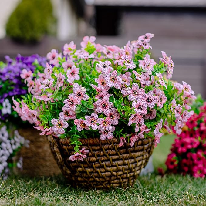 AXYLEX Artificial Flowers for Outdoors Fake Plants - 16 Bundles Faux Outside Greenery Boxwood No Fade Plastic Shrubs Fall Decor Farmhouse Home Garden Thanksgiving Mums (Pink)
