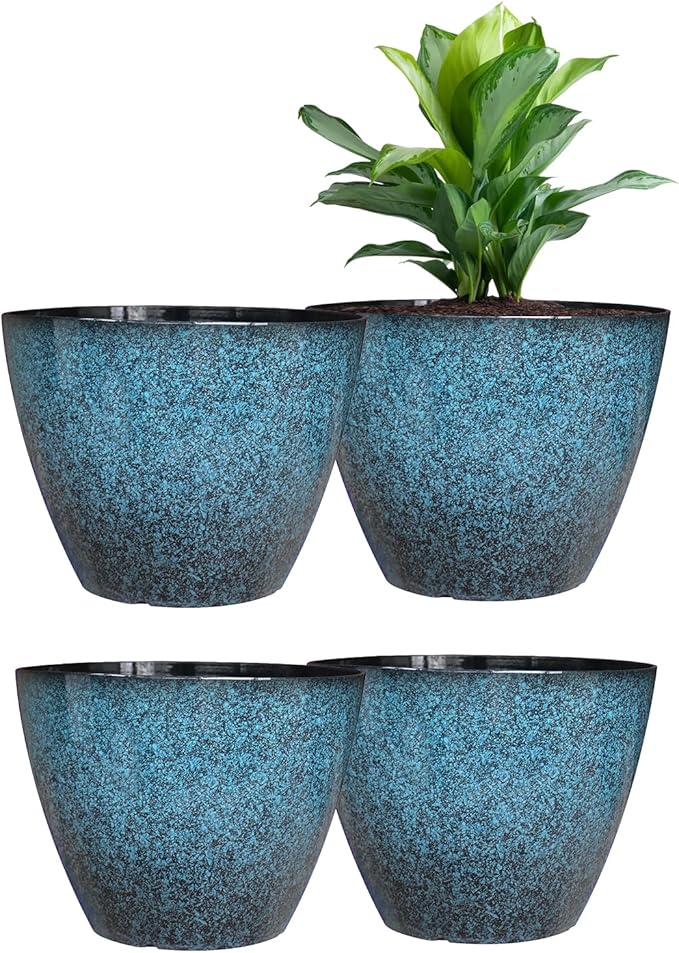 Vanslogreen 8 inch Plant Pots, Pack of 4 Plastic Planter for Indoor Outdoor Plant with Drainage Holes and Saucers, Flower Pots for Garden Home Decor (Blue, 4pcs)