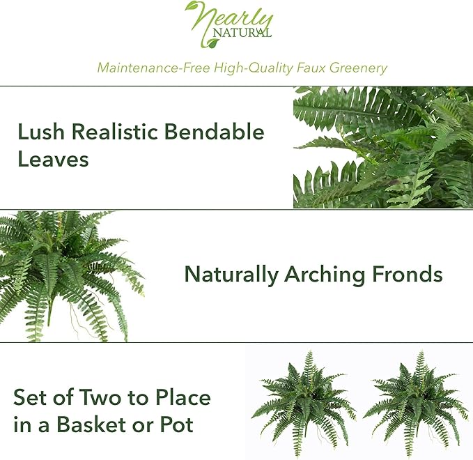 Nearly Natural 40in Hanging Artificial Fern Plant, Set of 2 - Realistic Silk Plant, Faux Greenery For Home Living Room Decor Natural Look Low Maintenance