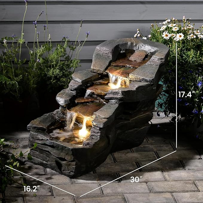 Sunlinua 28.6" L Outdoor Water Fountain with 3 Tiers Large Cascading Realistic Tree Trunk Waterfall Fountains with LED Lights Outdoor Water Fountain for Garden Patio Backyard Porch Home Decor
