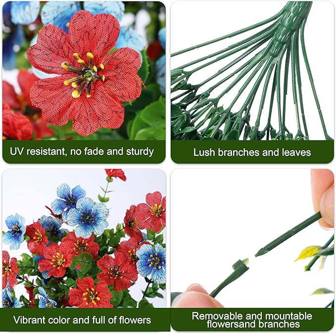Artificial Faux Hanging Flowers Plants for Spring Outdoor Outside Decoration, 2 PCS Fake Silk Daisy with Eucalyptus UV Resistant Realistic Trailing Vines for Balcony Patio Porch (BlueRed)