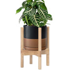 D'vine Dev Ceramic Planter with Natural Stand - 8 Inch Modern Round Flower Pot with Wood Planter Holder, Black/Speckled Tan, 55-B-N-7