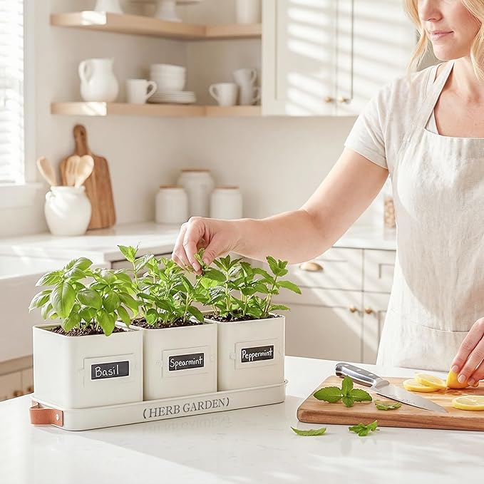 PERFNIQUE Indoor Herb Garden, Herb Planter Set with Tray, Farmhouse Indoor Plant Pots, Windowsill Herb Garden with Drainage(Planter only) for Indoor/Outdoor, Window Pots(White)