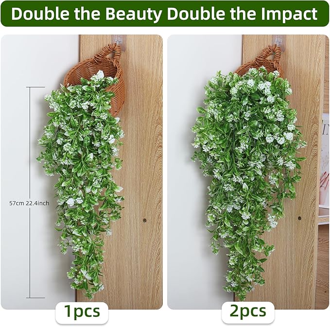 RECUTMS 2Pcs Artificial Hanging Flowers for Outdoor Decoration Fake Hanging Plants Faux White Flowers Artificial UV Resistant Plastic Greenery Vines Ivy for Outdoor Indoor Garden Party Decor（White）